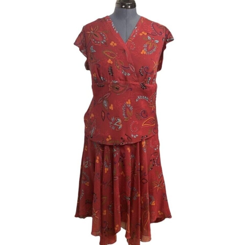 Vtg CONTEXT 2-Piece Silk Dress Top 18W Skirt 14P Garnet Floral Paisley Flowy